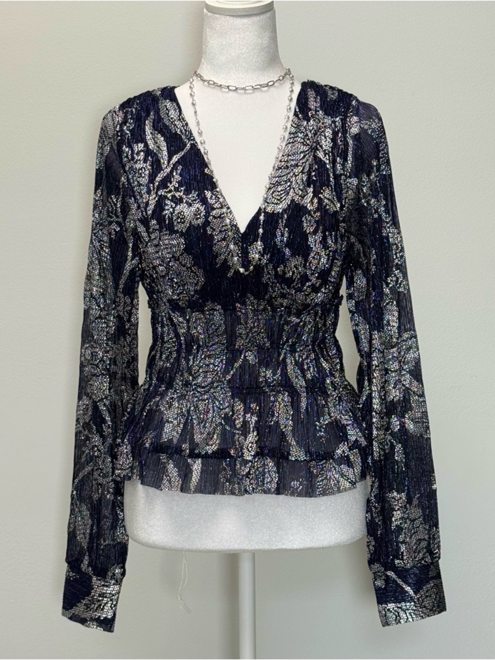 Anthropologie Romantic Glam Navy Metallic Silver Smocked Blouse NWT S Sheer - Picture 6 of 9